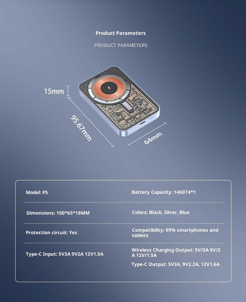 TechGlobe Grenzüberschreitende magnetische kabellose ultradünne Bank mit bidirektionaler Schnellladefunktion und 10000mAh tragbarer mobiler Stromversorgung_voghion.com