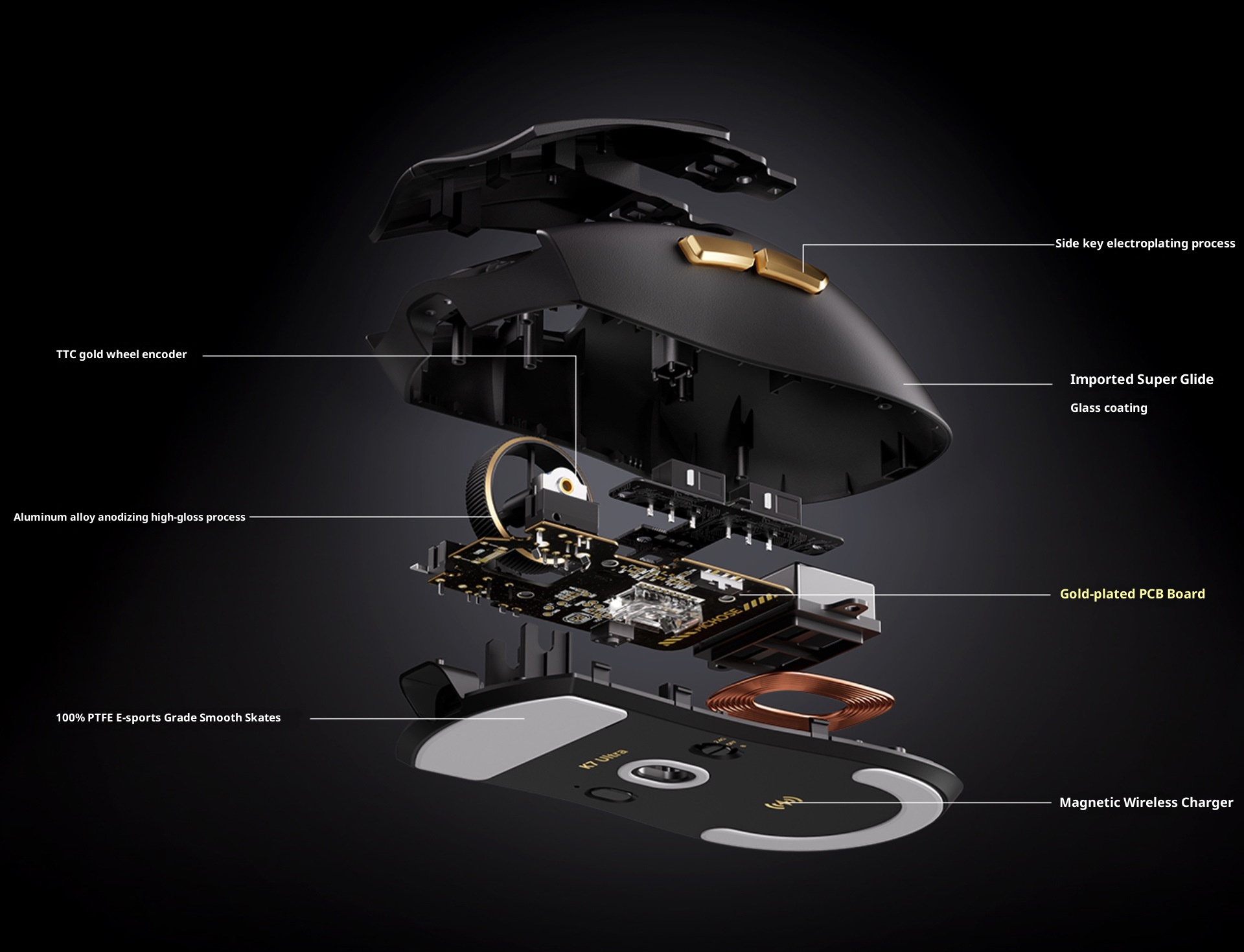 Souris de jeu e-sport ultra-légère Techglobe MCHOSE K7 avec charge sans fil 3950_voghion.com