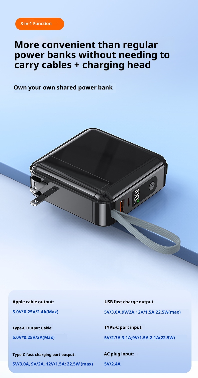 Batterie externe Techglobe 22,5 W à charge ultra-rapide avec prise secteur et câble intégré personnalisé, capacité de 20 000 mAh. Chargeur portable haute capacité._voghion.com