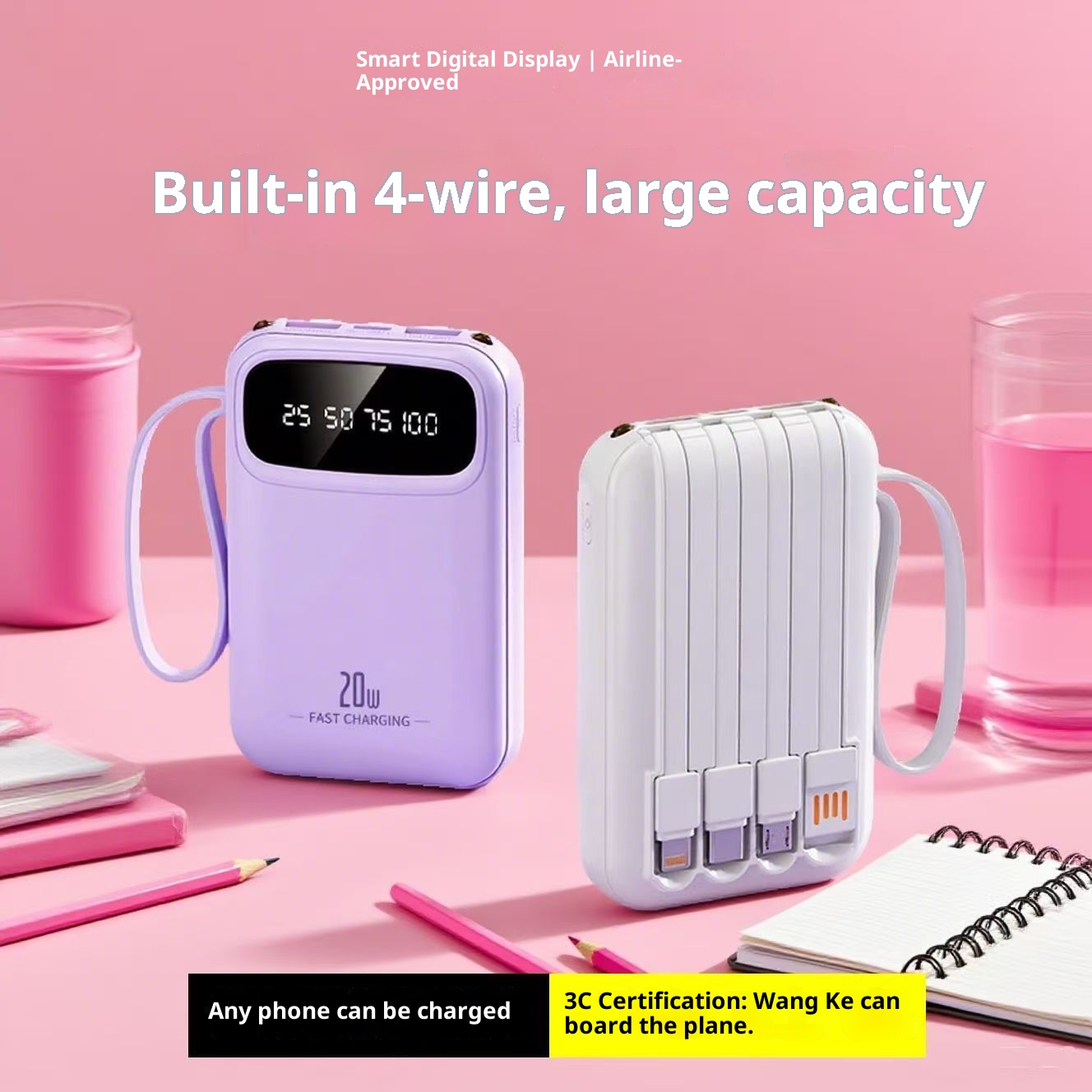 techglobe 3C Certified 20000mAh Ultra Large Capacity Bank Mini Built-in Cable Portable Mobile Power Wholesale Customization_voghion.com