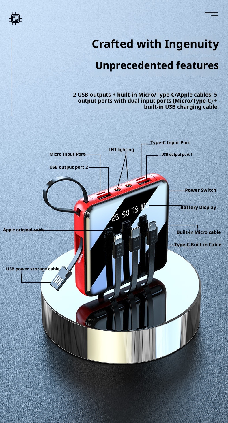 techglobe Mini Built-in Cable Bank 20000mAh Large Capacity Portable Mobile Power Supply Gift Custom Wholesale_voghion.com