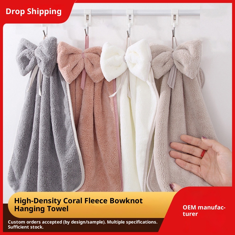 Lillian Factory In-Stock Wholesale Coral Fleece Bow Hand Absorbent Kitchen Bathroom Hanging Towel_voghion.com