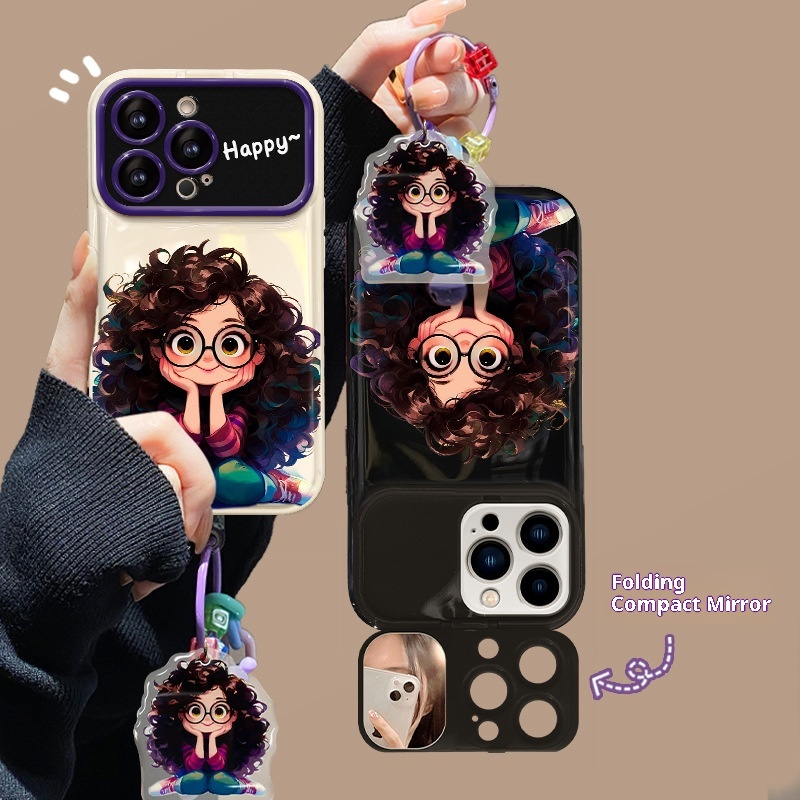 TechGlobe Compatible With 15 Pro Max Phone Case IPhone 14 Curly Hair Glasses Girl Pendant 13 Flip Cover Mirror Silicone_voghion.com