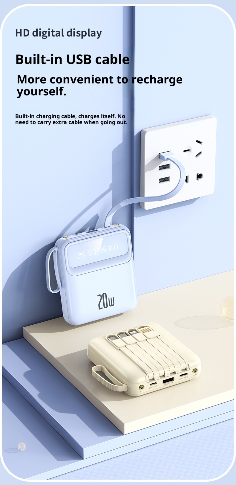 techglobe Mini-Schnellladefunktion mit integriertem Kabel, 20000mAh Powerbank, individuell anpassbar, Großhandelsgeschenk, tragbarer Akku mit großer Kapazität_voghion.com