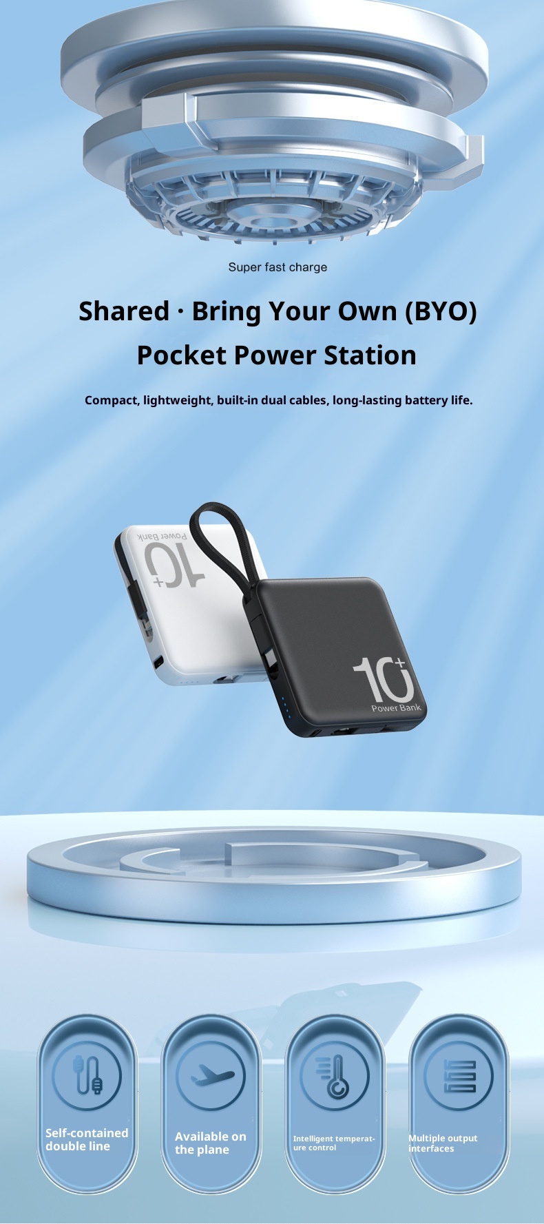 techglobe Neue Mini-Powerbank mit großer Kapazität (10000 mAh) und integriertem Schnellladekabel – Kompaktes, tragbares Ladegerät_voghion.com