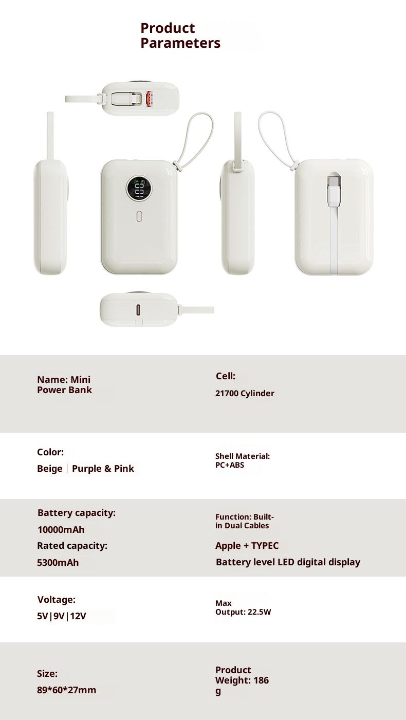 techglobe 3C-zertifizierte Mini-Powerbank mit integriertem Kabel, kompatibel mit Huawei 15/16, kompakt, tragbar, Schnellladefunktion_voghion.com