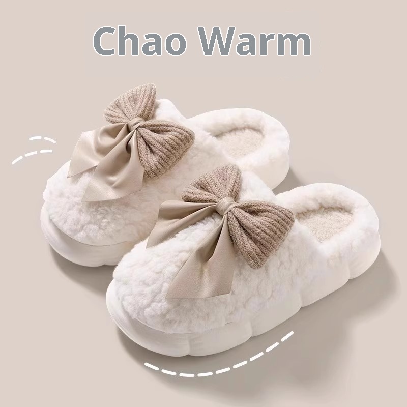 Zees Closed-Toe Cotton Autumn And Indoor Bowknot Warm Thick-Soled Home Furry Slippers For Women, Postpartum Winter_voghion.com