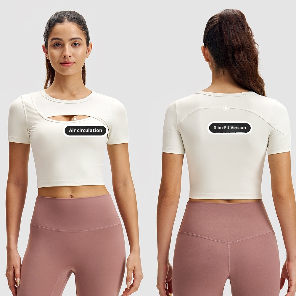 Sports Short Sleeve Women Yoga Wear Outdoor T-shirt Front Chest Breathable Opening High Elastic Quick Dry Thin Training_voghion.com