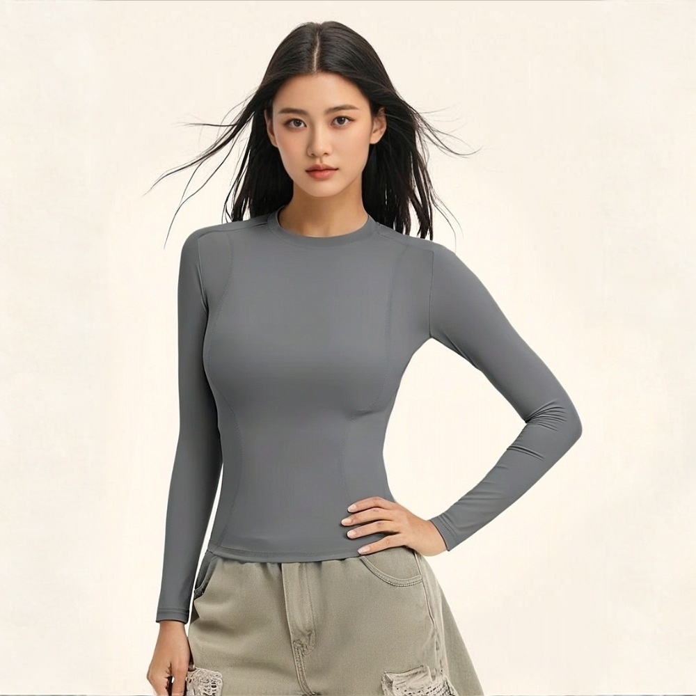 Nuova maglietta da yoga aderente con scollo tondo da donna, snellente e lusinghiera, maglietta sportiva a maniche lunghe per corsa, allenamento e_voghion.com