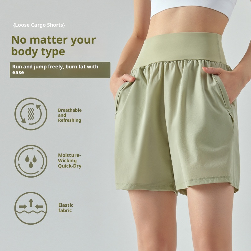 Letnie, proste, sportowe spodnie damskie, pięciopunktowe, luźne, oddychające, z wysokim stanem i kieszenią boczną wyszczuplającą brzuch_voghion.com