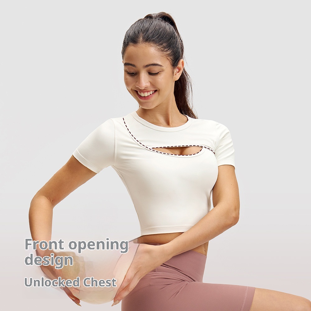 Sports Short Sleeve Women Yoga Wear Outdoor T-shirt Front Chest Breathable Opening High Elastic Quick Dry Thin Training_voghion.com