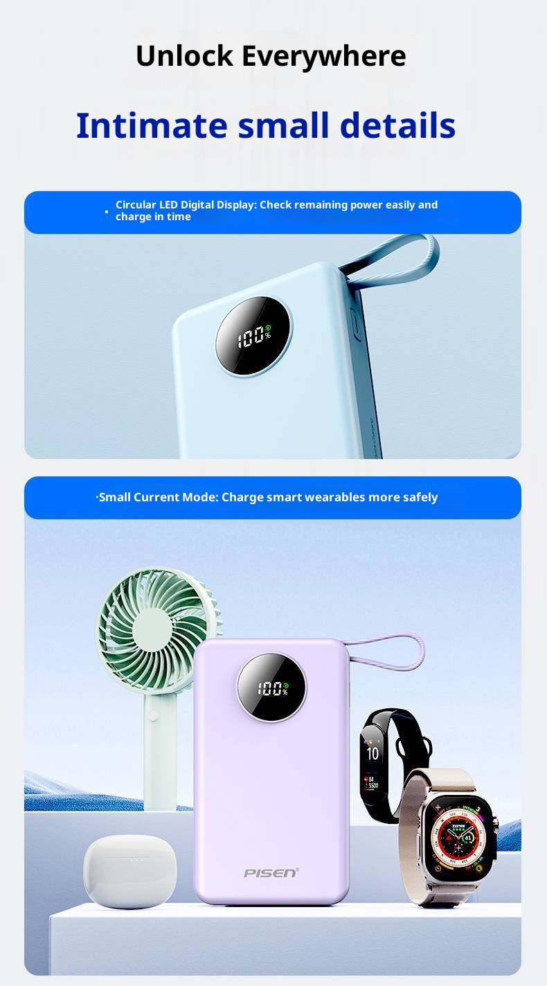 techglobe Pinsheng Bank 10000mAh Mini-Powerbank mit integriertem Kabel, 3C-zertifiziert, Schnellladefunktion_voghion.com