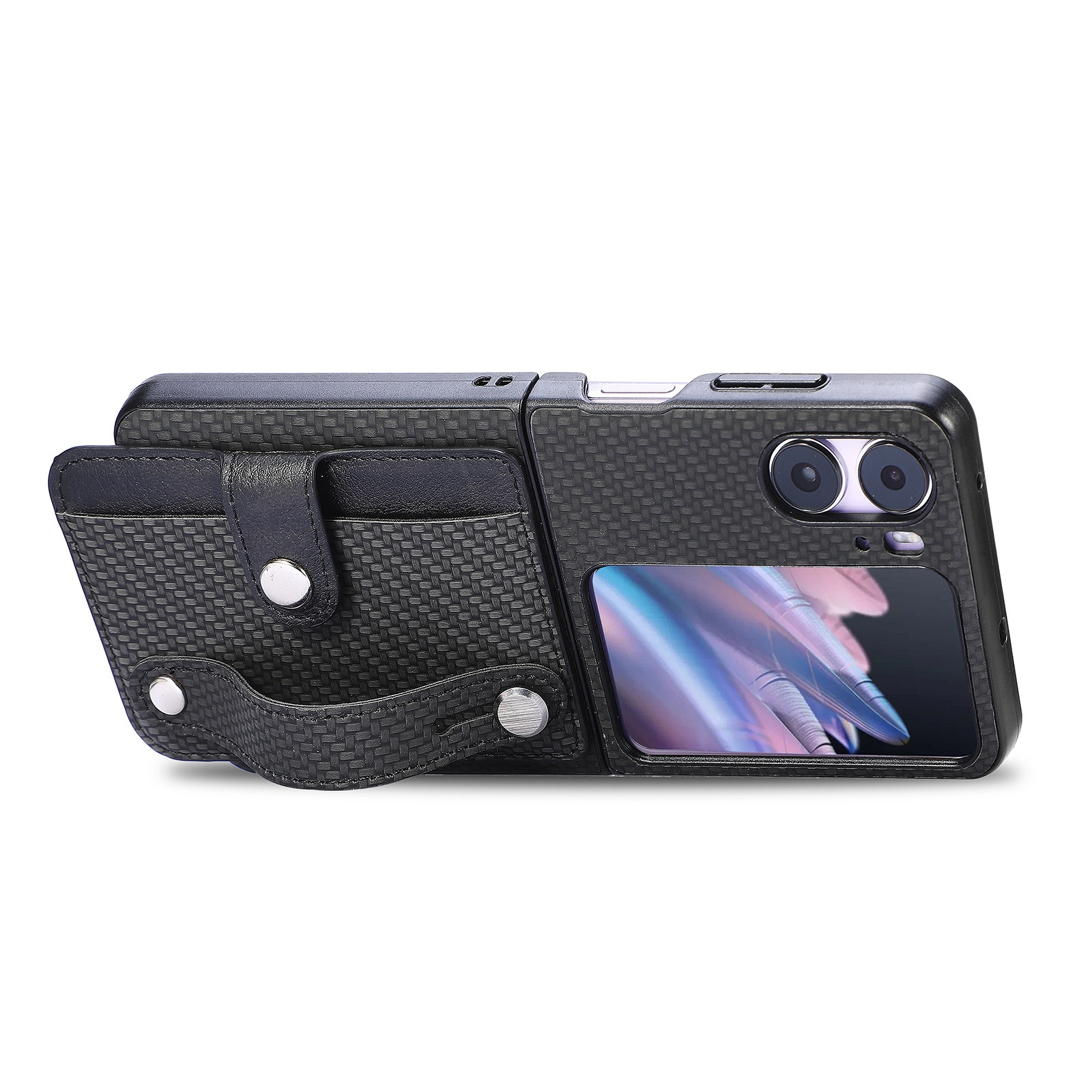 TechGlobe Suitable For OPPO Find N3 Flip Multifunctional Phone Case Creative Stand Card Slot Wrist Strap PC Protective Cover_voghion.com