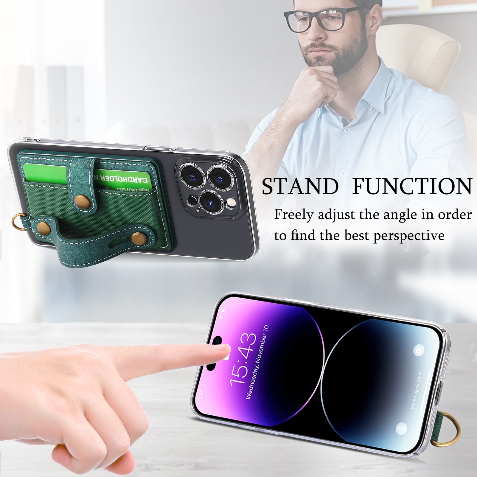 TechGlobe Multifunktionale Halterung mit 3M-Kleberückseite, Handgelenkschlaufe, Kartenfach, Münzclip, Ständer, Handytasche aus PU-Leder_voghion.com