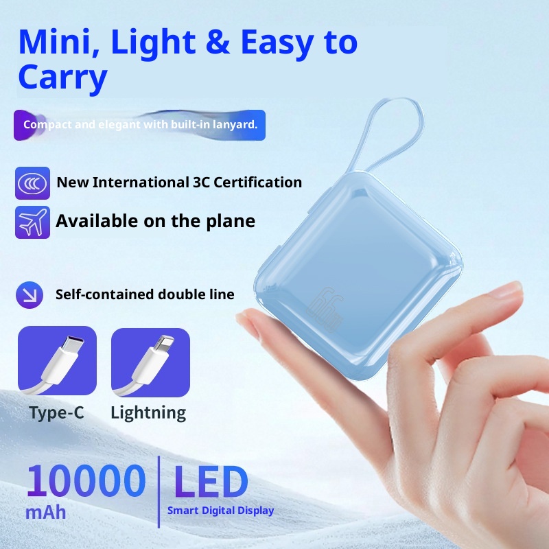 techglobe 3C-zertifizierte Mini-Bank mit integriertem Kabel, 10000 mAh, 22,5 W Schnellladefunktion, kompaktes, tragbares Netzteil_voghion.com