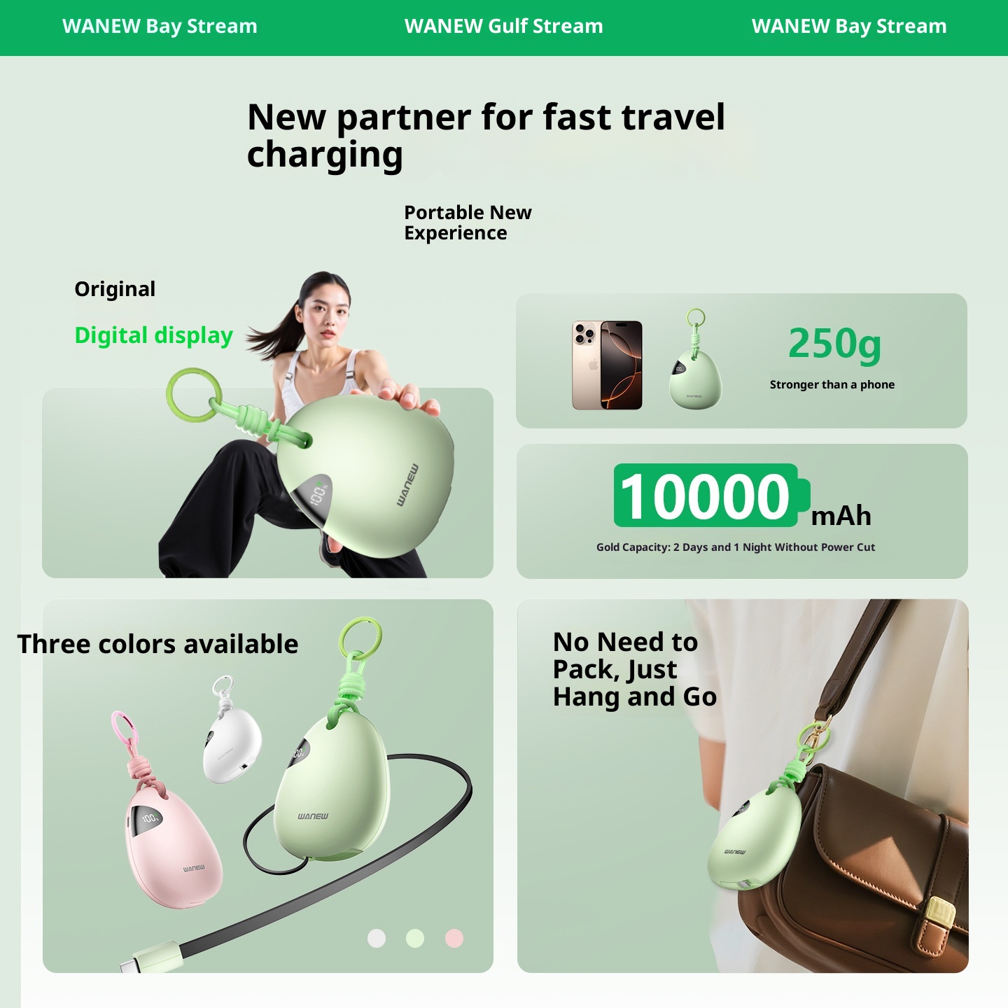 techglobe Gulfstream Pebble 3C Outdoor 10000mAh Mobile Power Bank Large Capacity Retractable Cable 66W Portable Charger_voghion.com