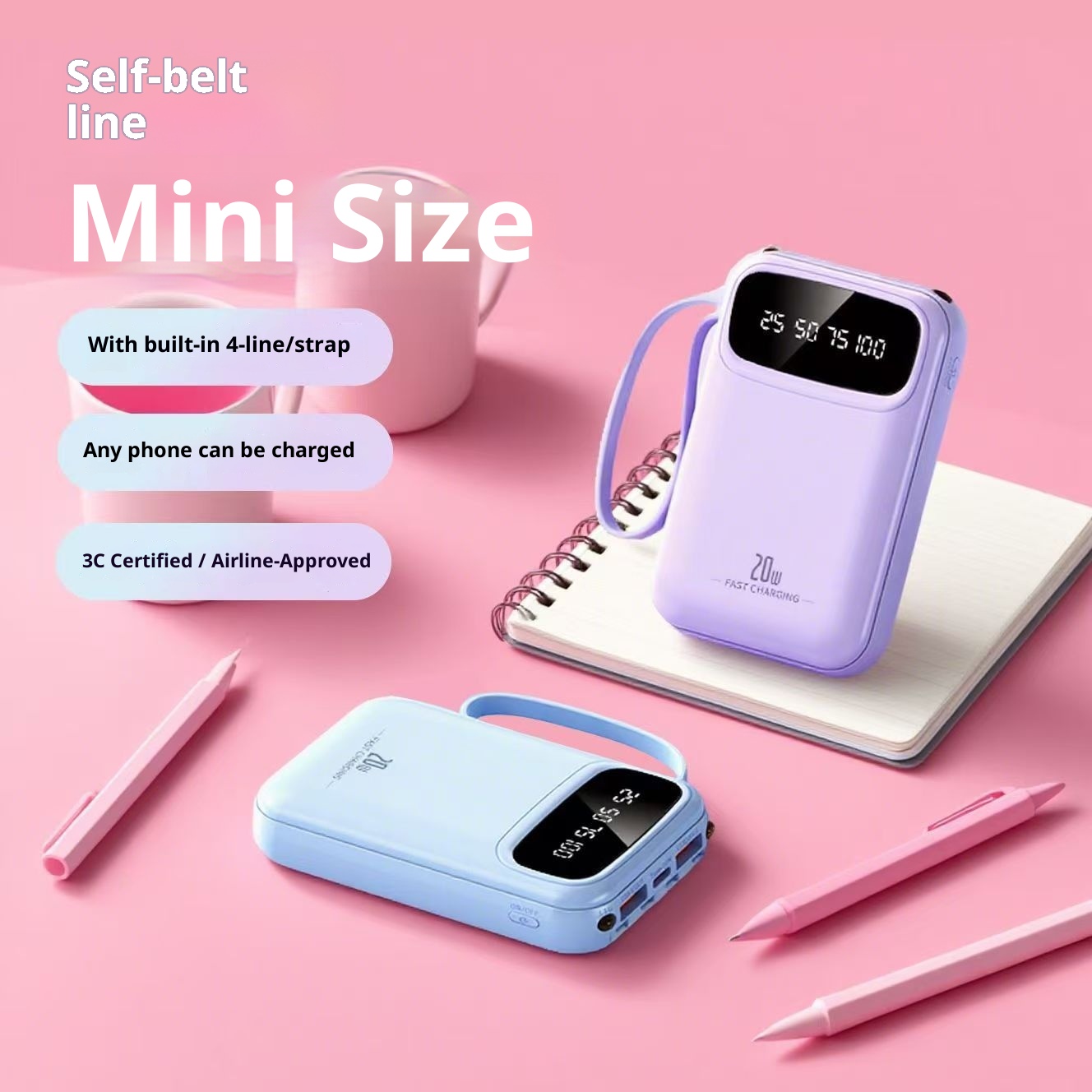 techglobe 3C Certified 20000mAh Ultra Large Capacity Bank Mini Built-in Cable Portable Mobile Power Wholesale Customization_voghion.com