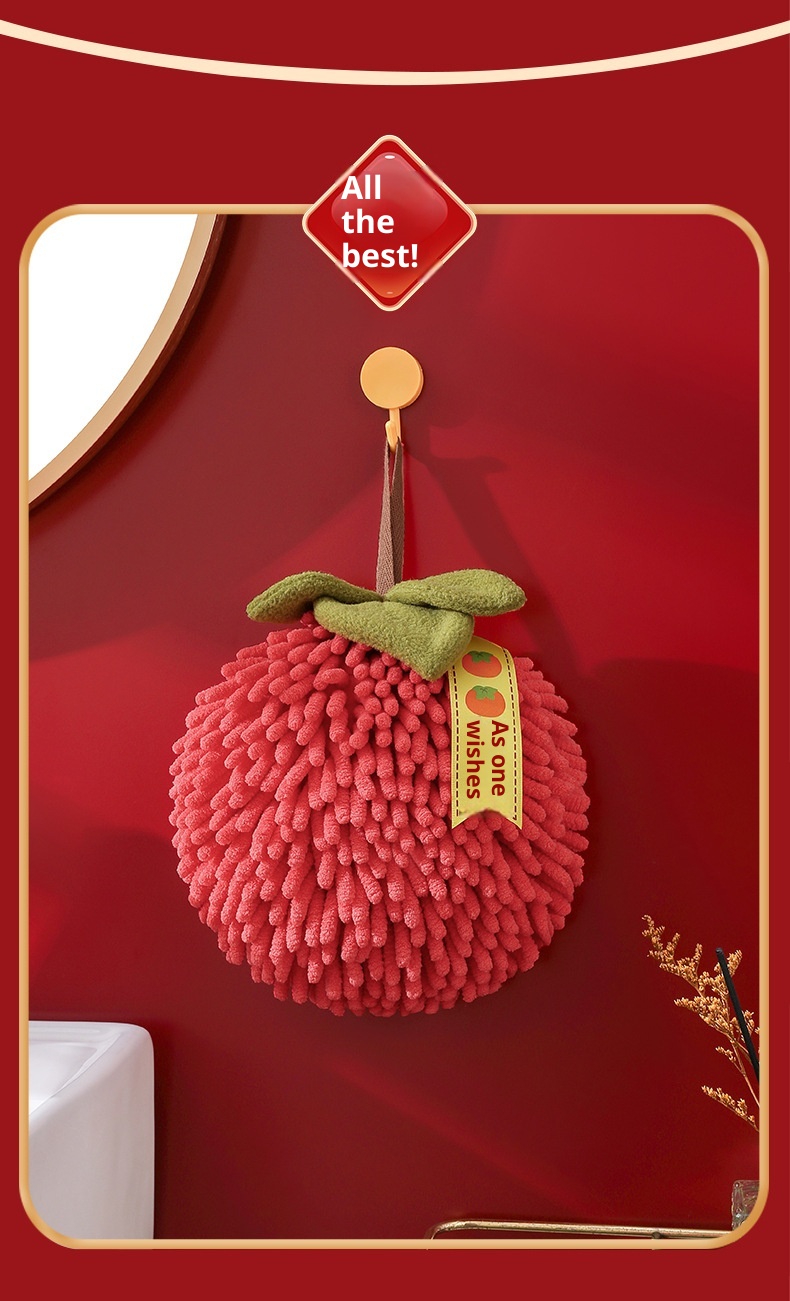 Lillian Red Festive Ruyi Persimmon Chenille Ball Gift Kitchen Hanging Absorbent Hand Towels Cross-Border_voghion.com