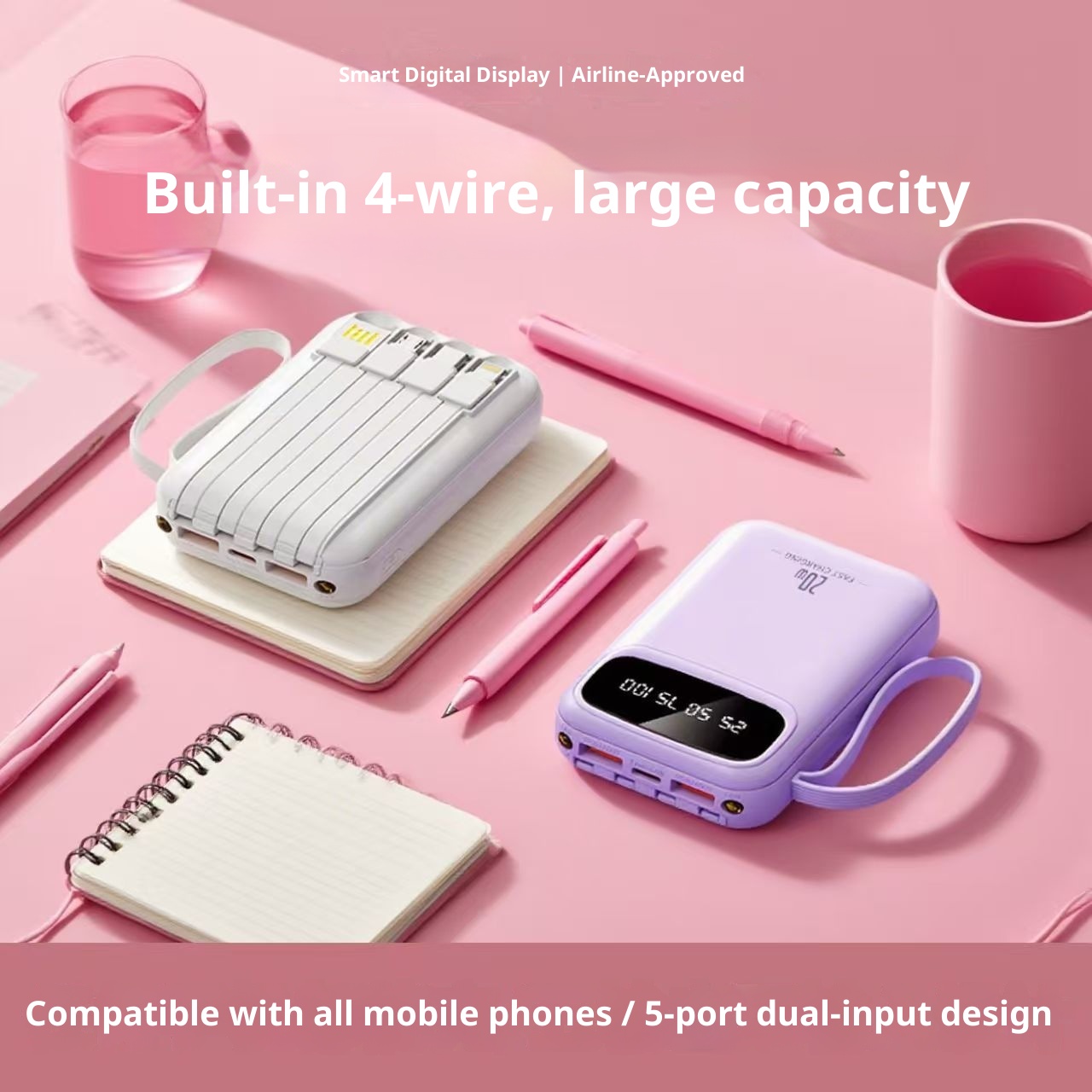 techglobe 3C Certified 20000mAh Ultra Large Capacity Bank Mini Built-in Cable Portable Mobile Power Wholesale Customization_voghion.com