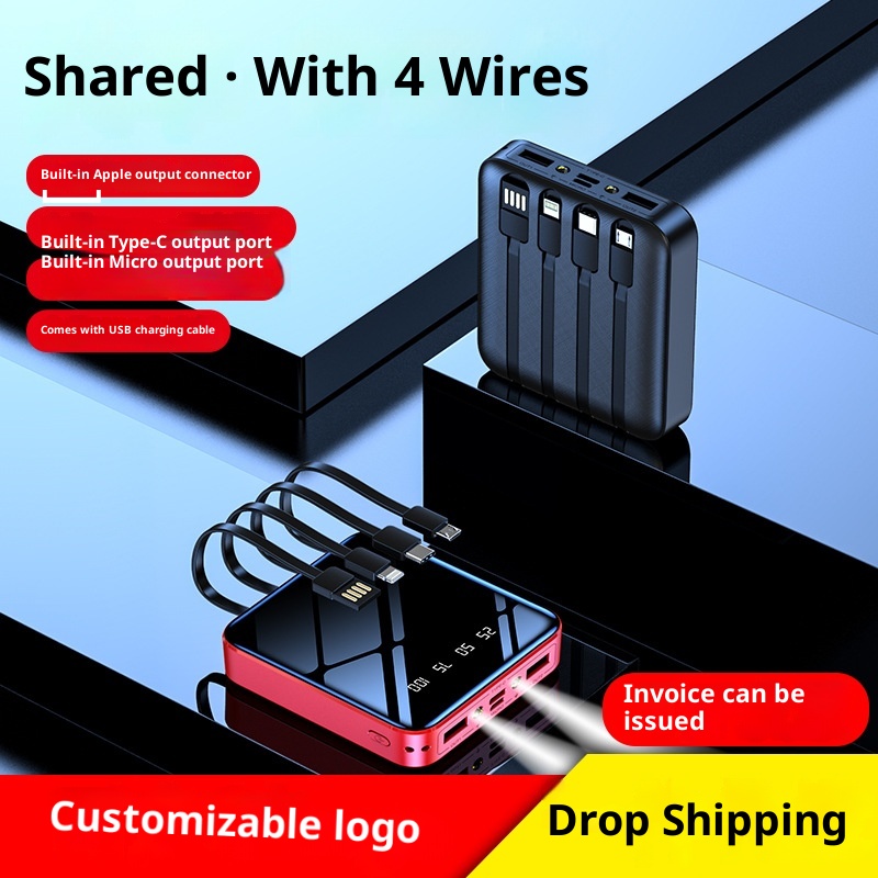 TechGlobe Mini-Bank mit integriertem Kabel, hoher Kapazität (20000 mAh), individuell anpassbar, spiegelnder Oberfläche, Digitalanzeige, mobiler Stromversorgung_voghion.com