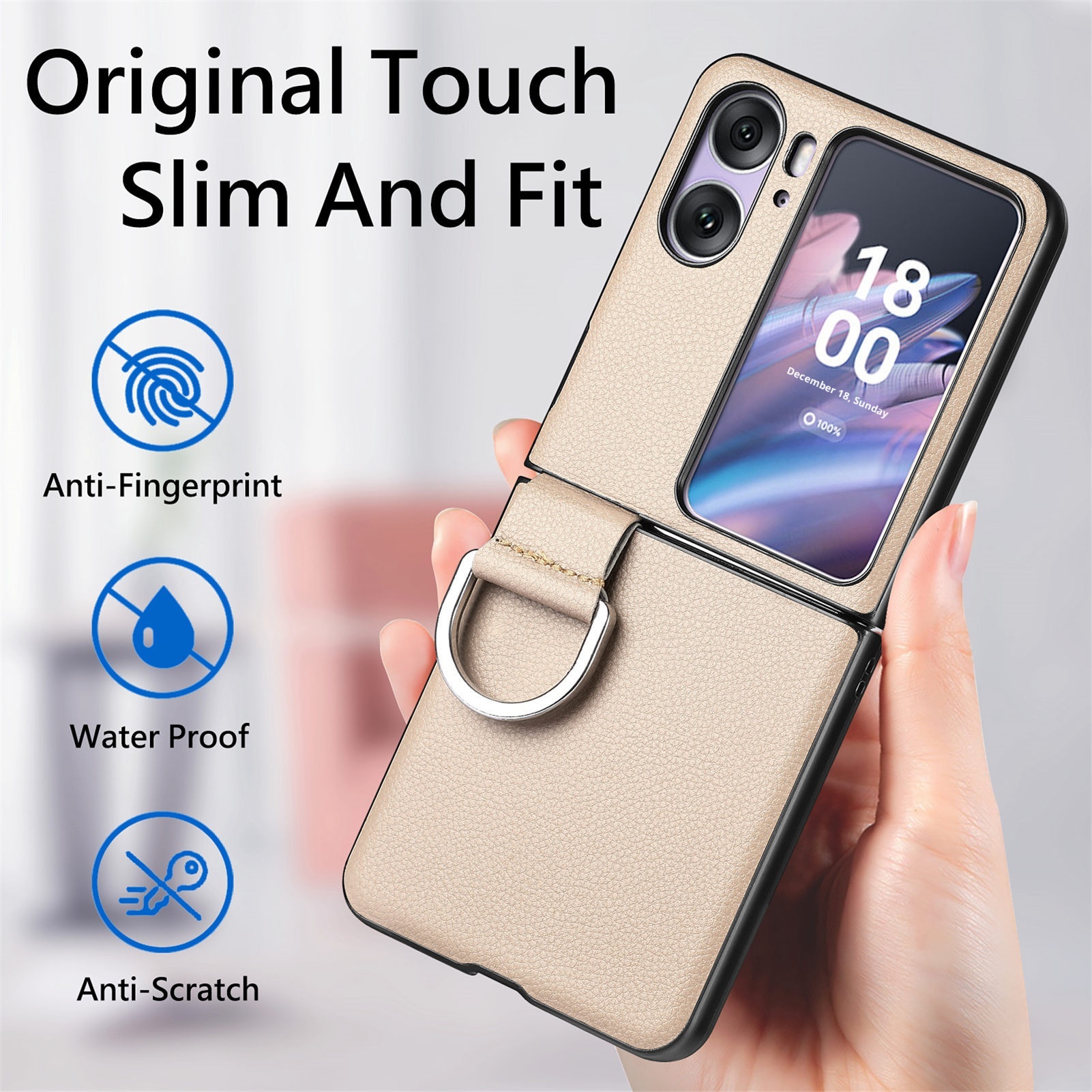 TechGlobe Compatibel met Oppo Find N3 Flip-telefoonhoesje Lychee-patroon Effen kleur Leren ringhouder Omhoog en omlaag vouwbaar scherm_voghion.com