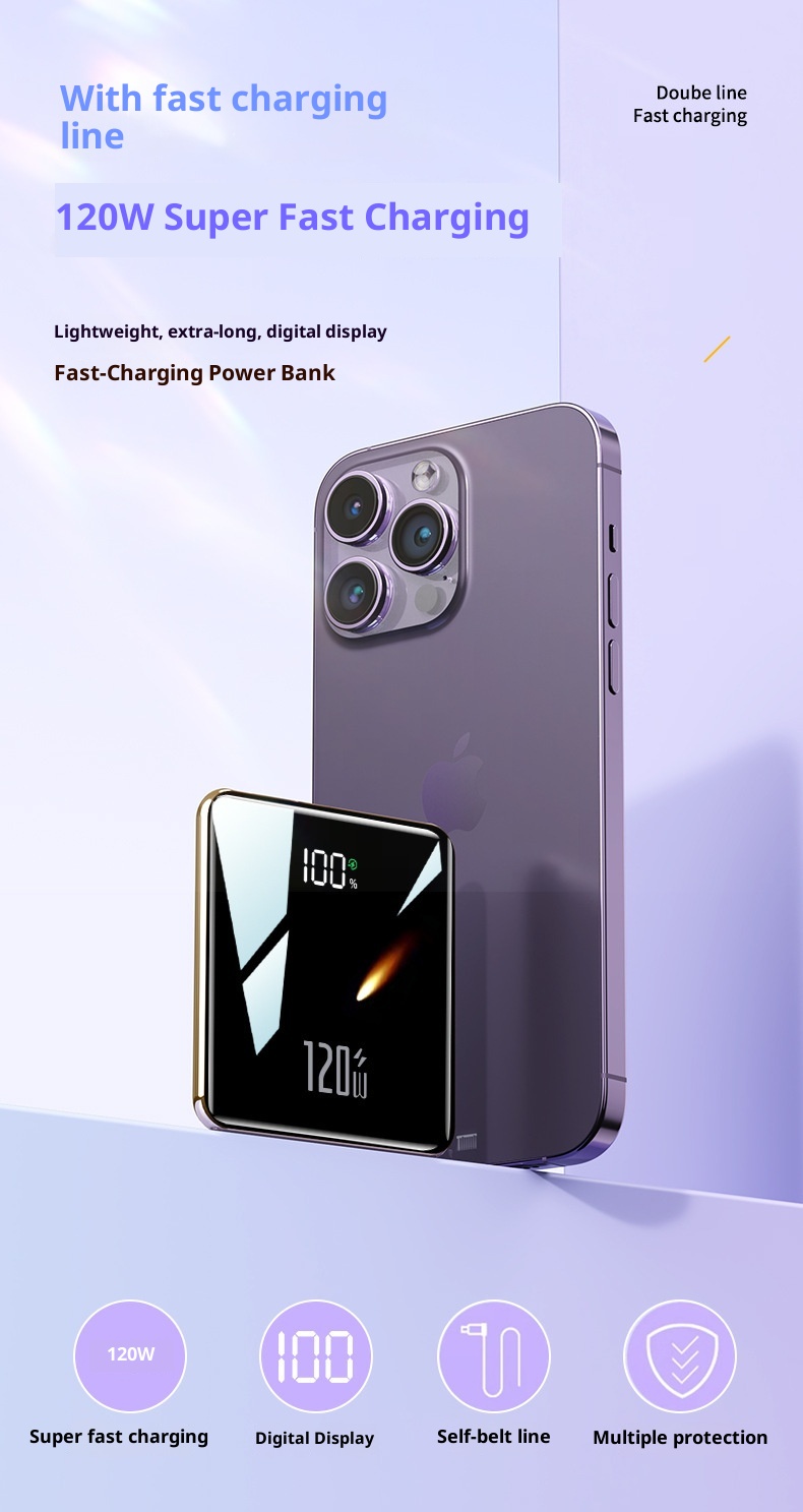 TechGlobe 3C Certified 120W Super Fast Charging With Cable 20000mAh Large Capacity Bank Mini Portable Mobile Power Supply_voghion.com