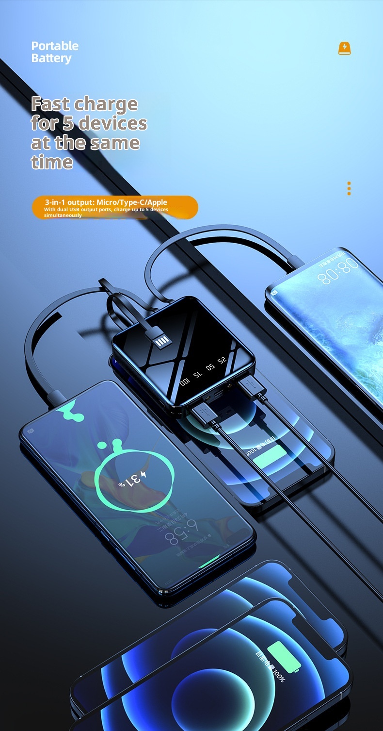 TechGlobe Mini-Bank mit integriertem Kabel, hoher Kapazität (20000 mAh), individuell anpassbar, spiegelnder Oberfläche, Digitalanzeige, mobiler Stromversorgung_voghion.com