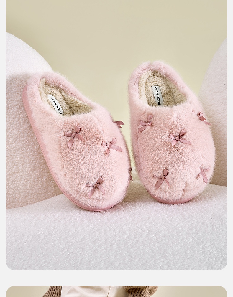 Zees Bowknot For Women Winter Indoor Thick Sole Furry Home Plush Warm Cotton Slippers_voghion.com