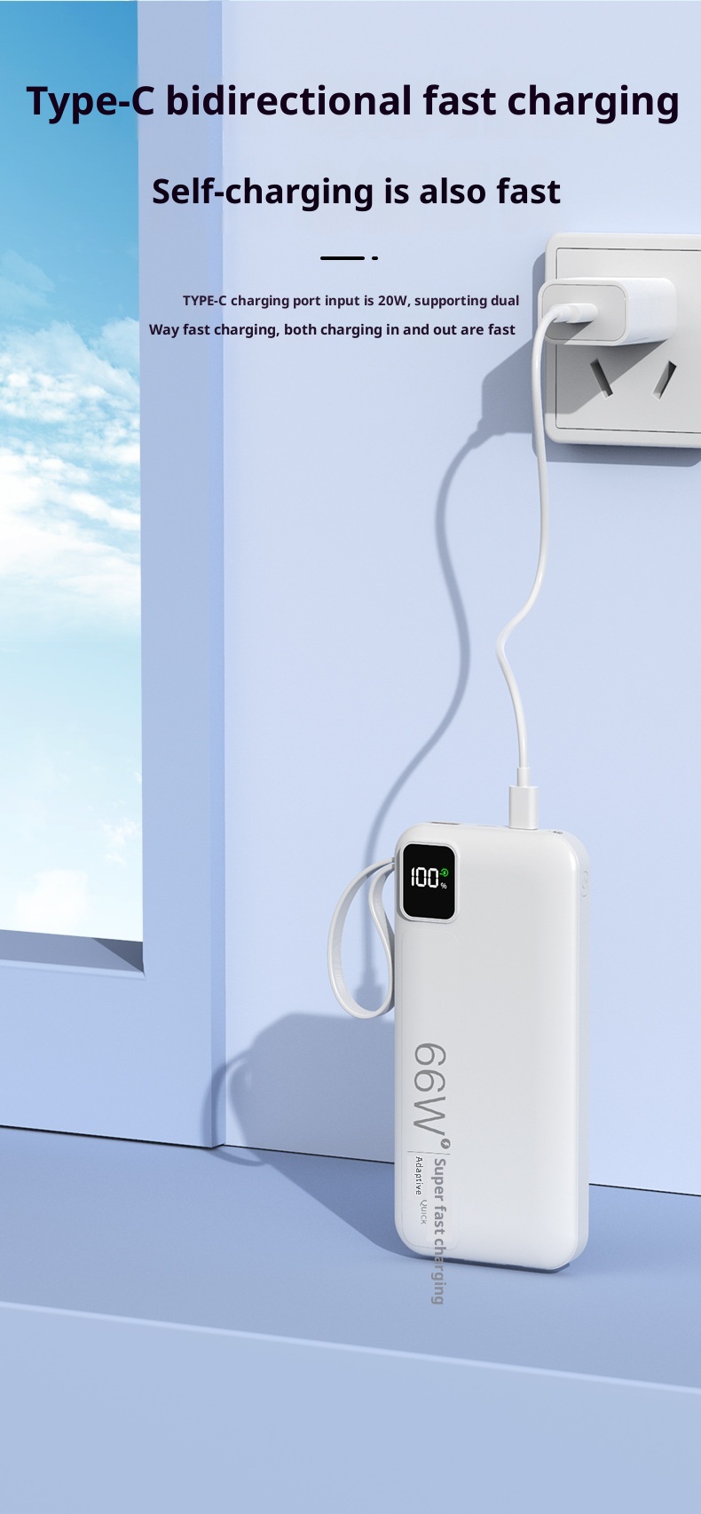 techglobe KC Cross-Border Super Fast Charging Bank 20000mAh With Built-in Cable Large Capacity Compact Portable Customizable_voghion.com