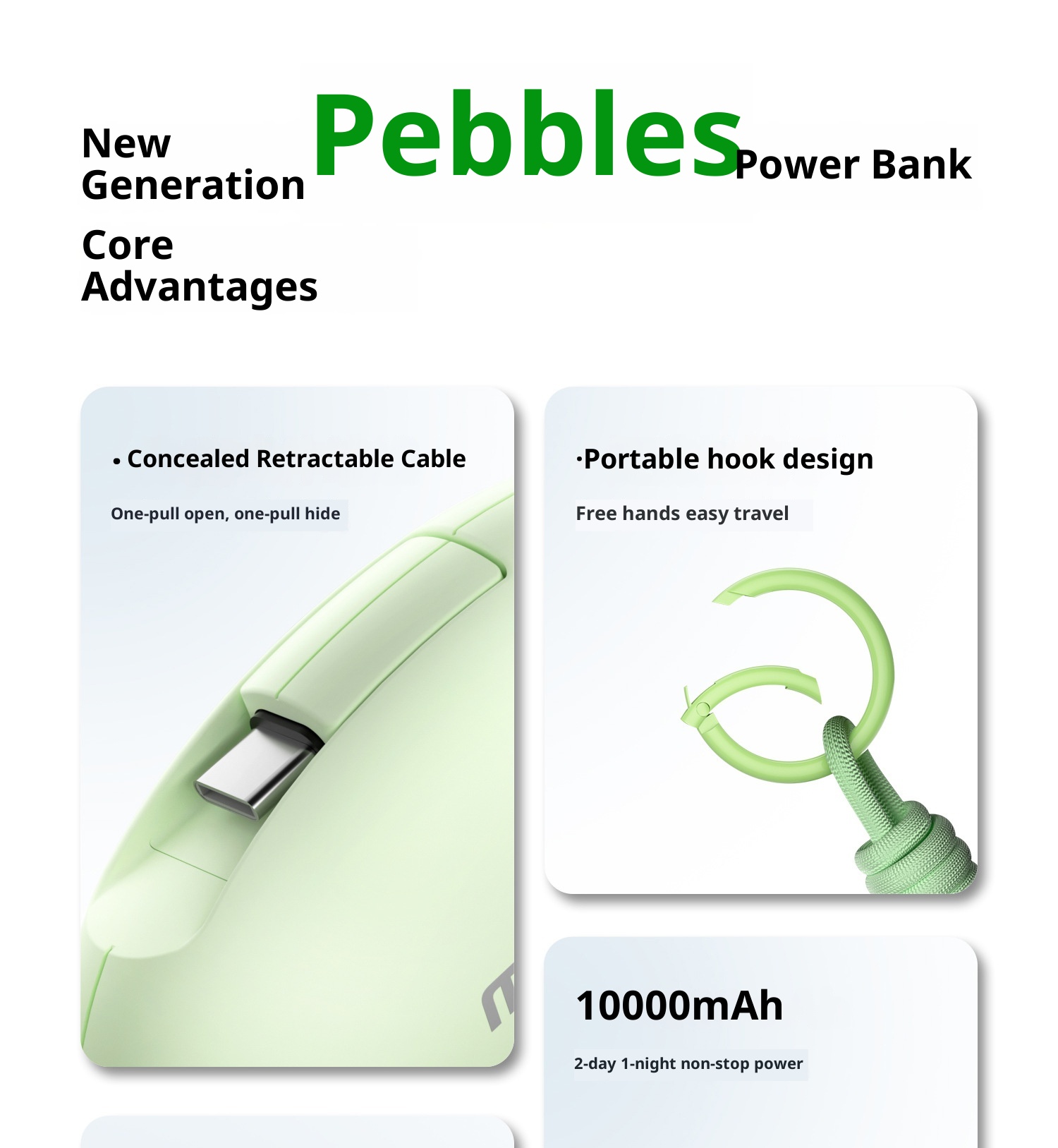 techglobe Gulfstream Pebble 3C Outdoor 10000mAh Mobile Power Bank Large Capacity Retractable Cable 66W Portable Charger_voghion.com