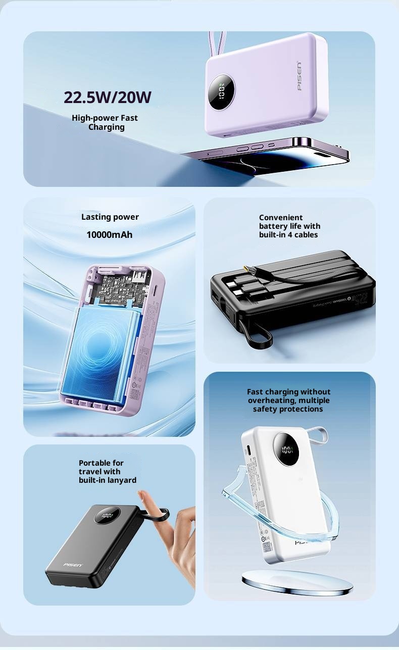 techglobe Pinsheng Bank 10000mAh Mini-Powerbank mit integriertem Kabel, 3C-zertifiziert, Schnellladefunktion_voghion.com