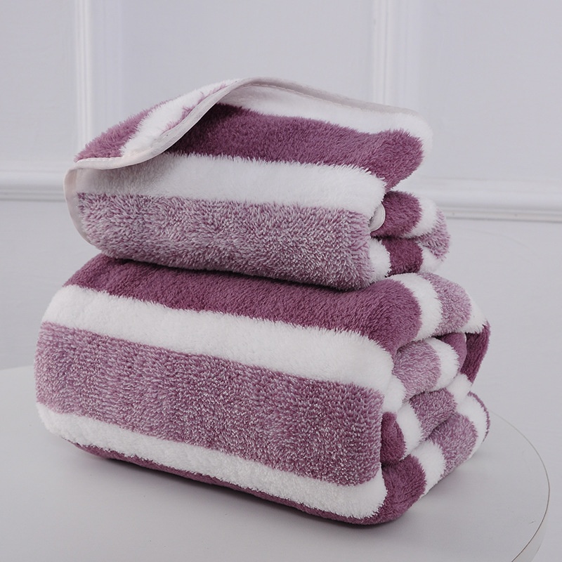Juego de toallas de baño de forro polar coralino a rayas, gruesas y absorbentes Lillian Cross-Border Wrap (venta al por mayor)_voghion.com