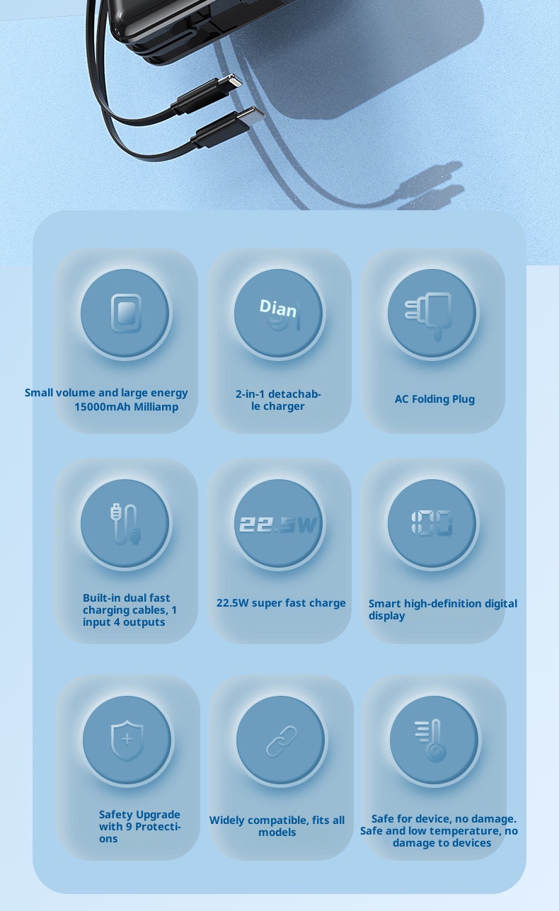 Batterie externe Techglobe 22,5 W à charge ultra-rapide avec prise secteur et câble intégré personnalisé, capacité de 20 000 mAh. Chargeur portable haute capacité._voghion.com