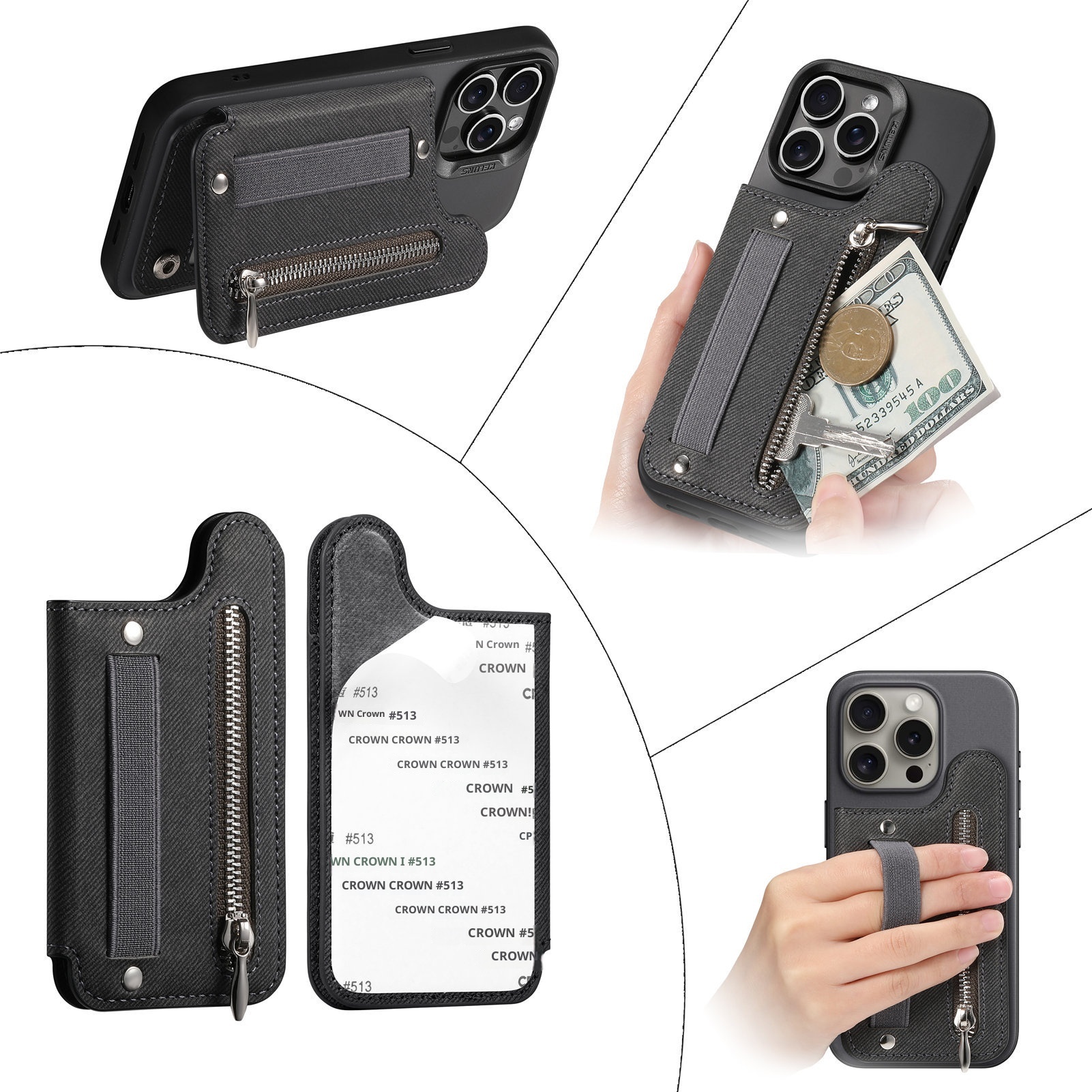 TechGlobe Rückseitenaufkleberhalter Kartenetui Links und Rechts Klappbar Große Aufbewahrung Brieftasche RFID Ständer Handytasche Handschlaufe Elastische Kordel_voghion.com