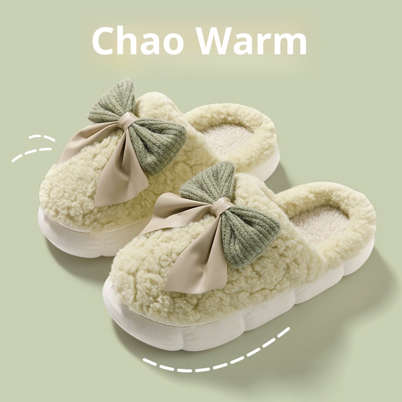 Zees Closed-Toe Cotton Autumn And Indoor Bowknot Warm Thick-Soled Home Furry Slippers For Women, Postpartum Winter_voghion.com