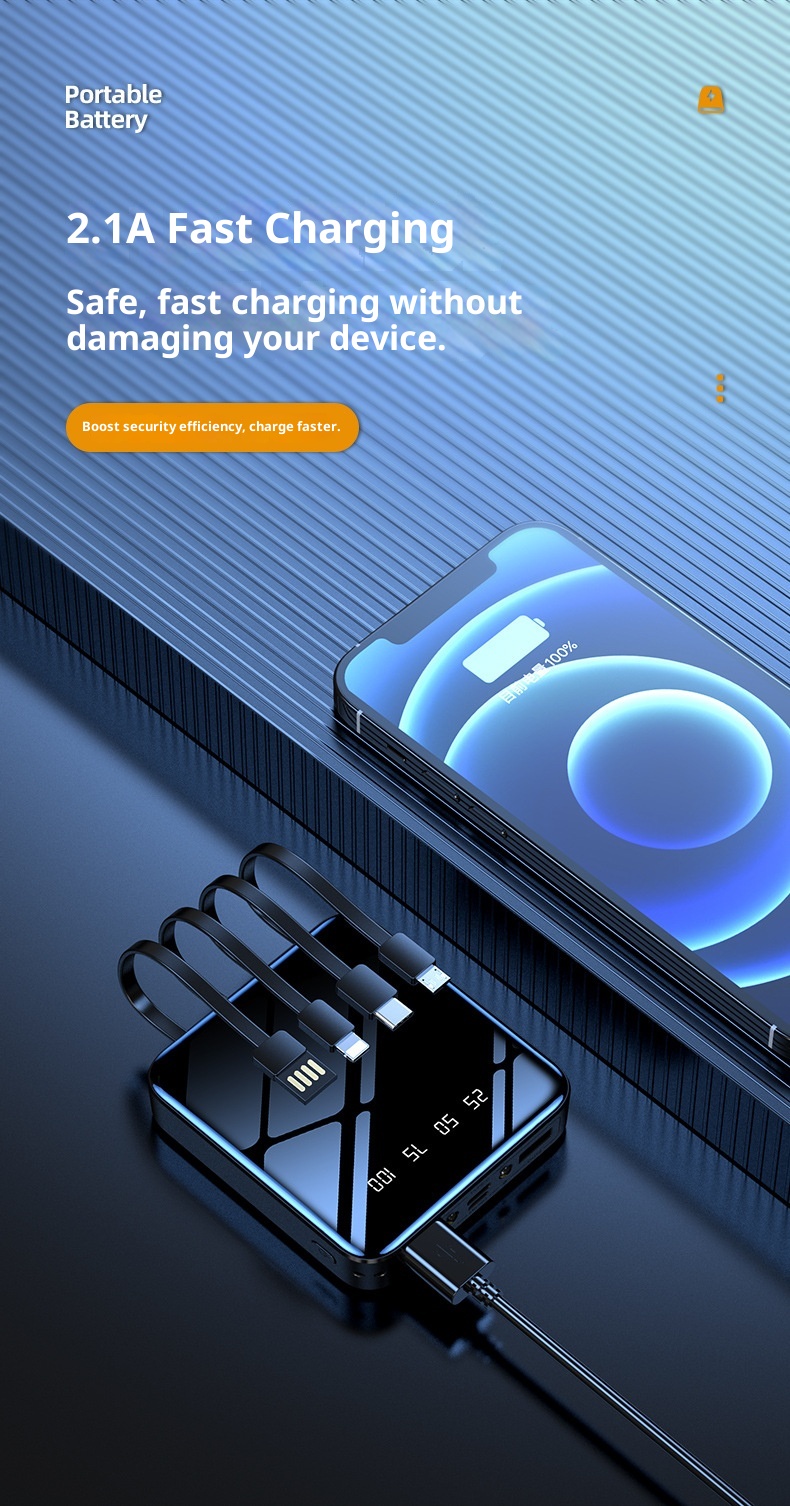 TechGlobe Mini-Bank mit integriertem Kabel, hoher Kapazität (20000 mAh), individuell anpassbar, spiegelnder Oberfläche, Digitalanzeige, mobiler Stromversorgung_voghion.com