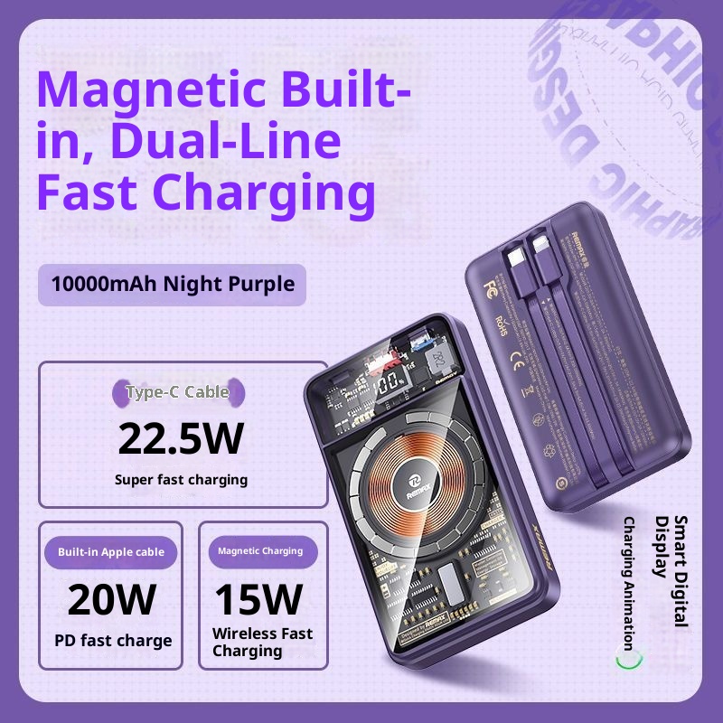 TechGlobe REMAX compatibile con 17 cavi magnetici trasparenti integrati, banca dati mobile da 10000 mAh con ricarica rapida 3C_voghion.com