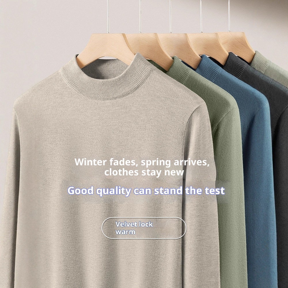 boy Boy Boy Boy Men's Wool Modal Half Turtleneck Sweater With Fleece Lining, Thickened And Warm, Simple Knitted Base Shirt_voghion.com