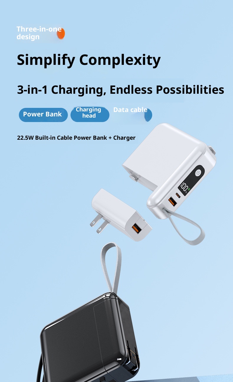 Batterie externe Techglobe 22,5 W à charge ultra-rapide avec prise secteur et câble intégré personnalisé, capacité de 20 000 mAh. Chargeur portable haute capacité._voghion.com