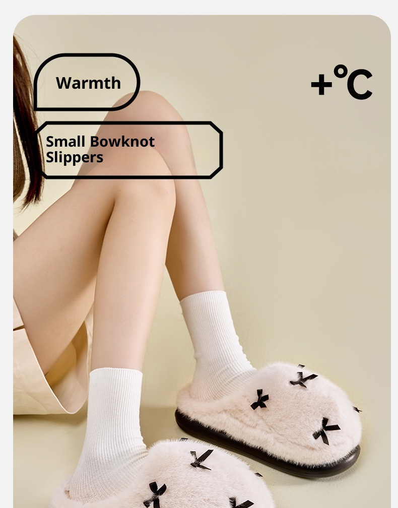 Zees Bowknot For Women Winter Indoor Thick Sole Furry Home Plush Warm Cotton Slippers_voghion.com
