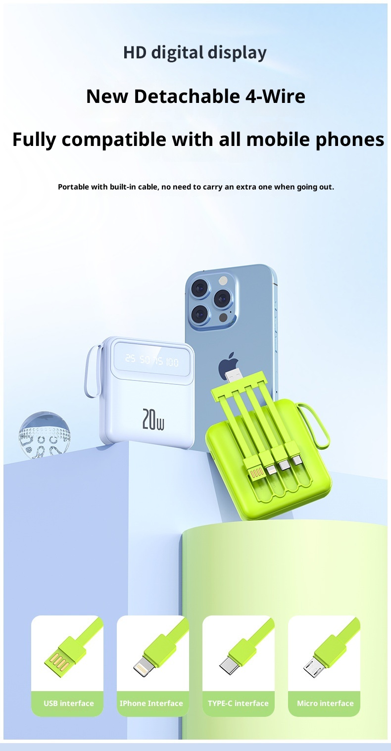 techglobe Mini-Schnellladefunktion mit integriertem Kabel, 20000mAh Powerbank, individuell anpassbar, Großhandelsgeschenk, tragbarer Akku mit großer Kapazität_voghion.com