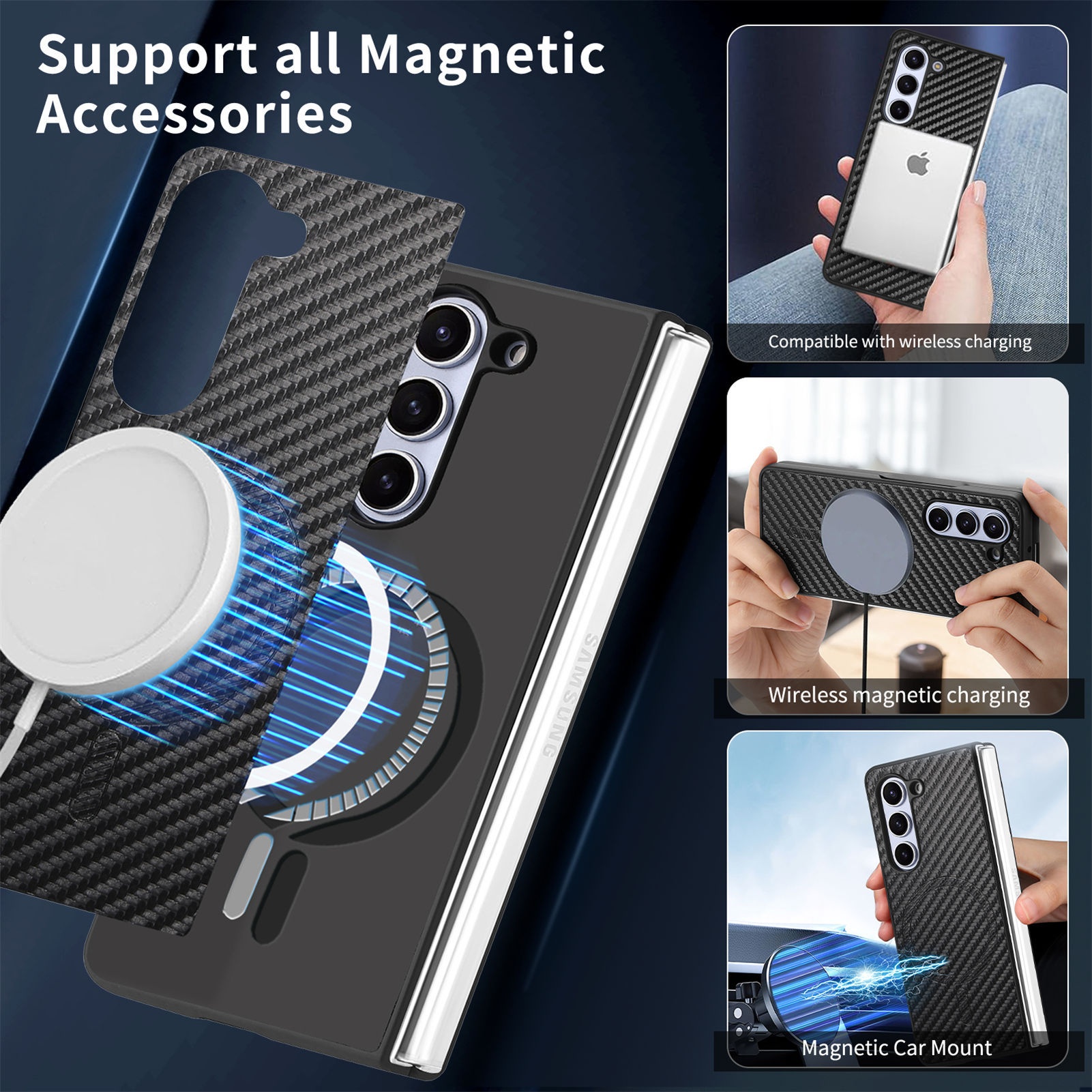 TechGlobe compatibile con Samsung Galaxy Fold6 custodia in fibra di carbonio con pellicola magnetica integrata Z Fold5_voghion.com