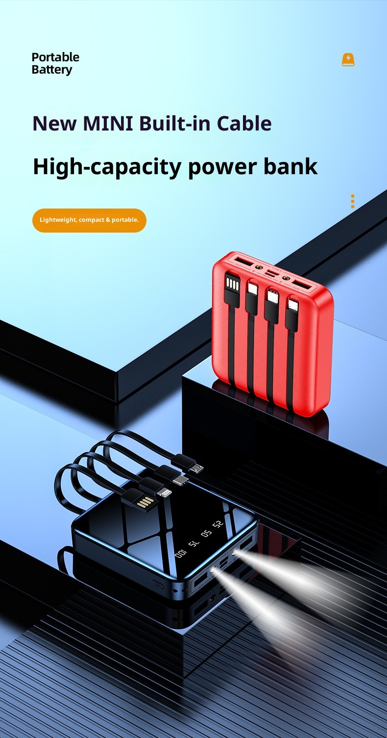 TechGlobe Mini-Bank mit integriertem Kabel, hoher Kapazität (20000 mAh), individuell anpassbar, spiegelnder Oberfläche, Digitalanzeige, mobiler Stromversorgung_voghion.com