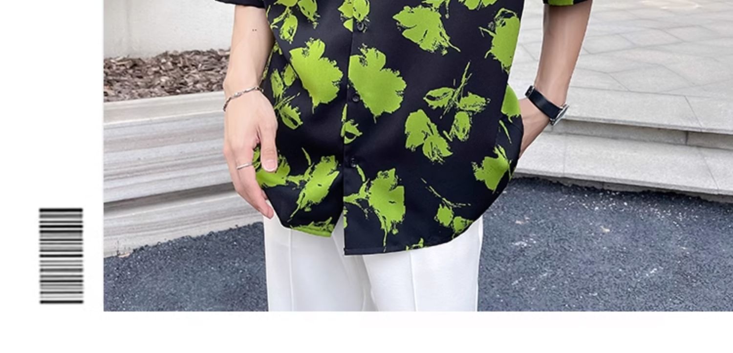 ForMen Light Mature Style Men's Ice Silk Draped Short Sleeve Summer Trendy Loose Cuban Collar Floral Shirt_voghion.com