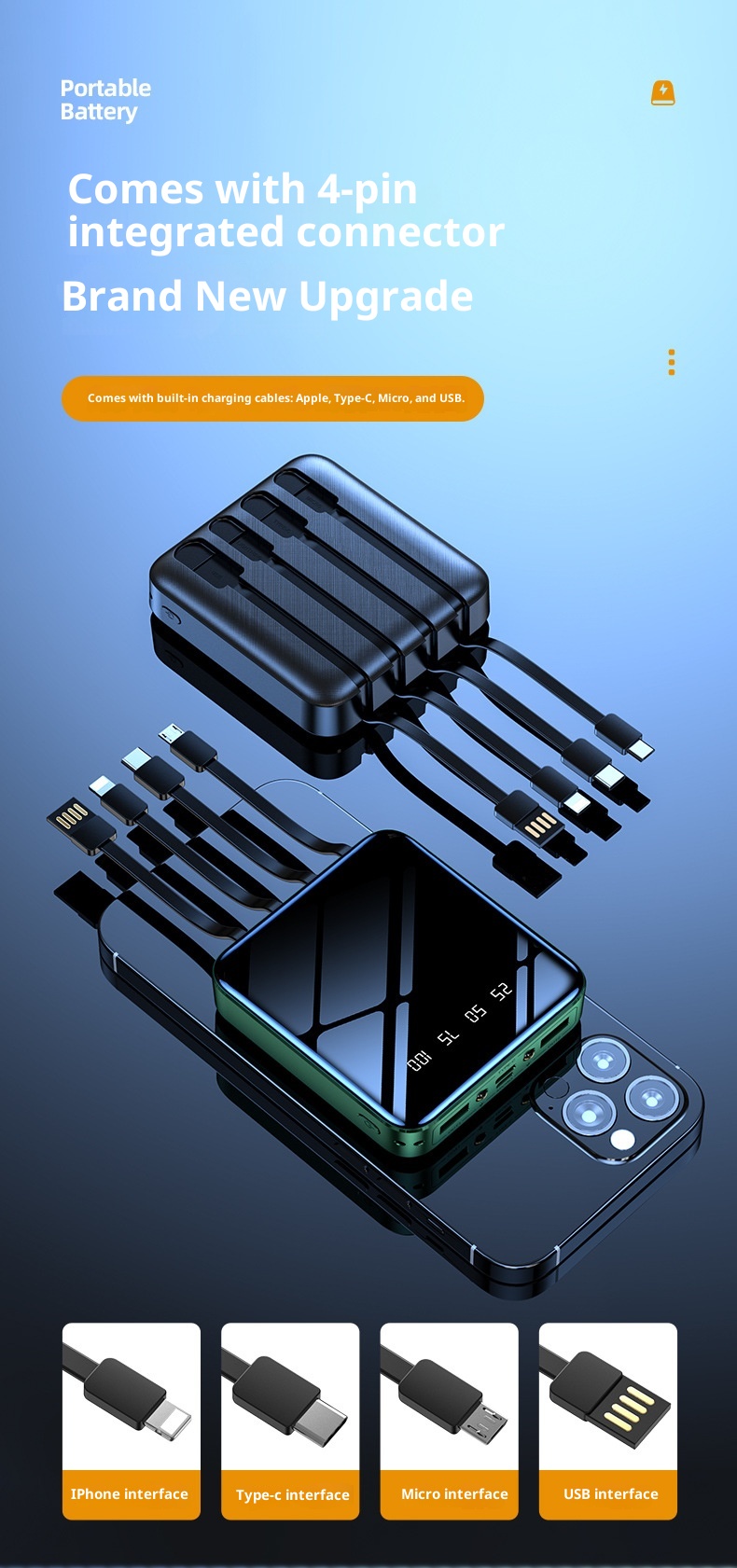 TechGlobe Mini-Bank mit integriertem Kabel, hoher Kapazität (20000 mAh), individuell anpassbar, spiegelnder Oberfläche, Digitalanzeige, mobiler Stromversorgung_voghion.com