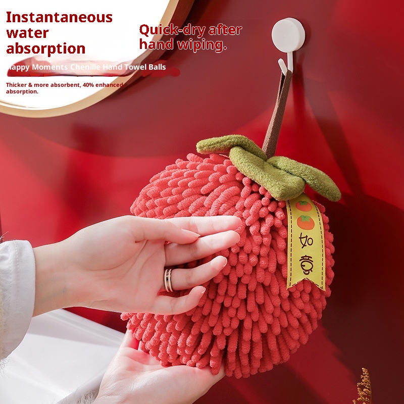 Lillian Red Festive Ruyi Persimmon Chenille Ball Gift Kitchen Hanging Absorbent Hand Towels Cross-Border_voghion.com