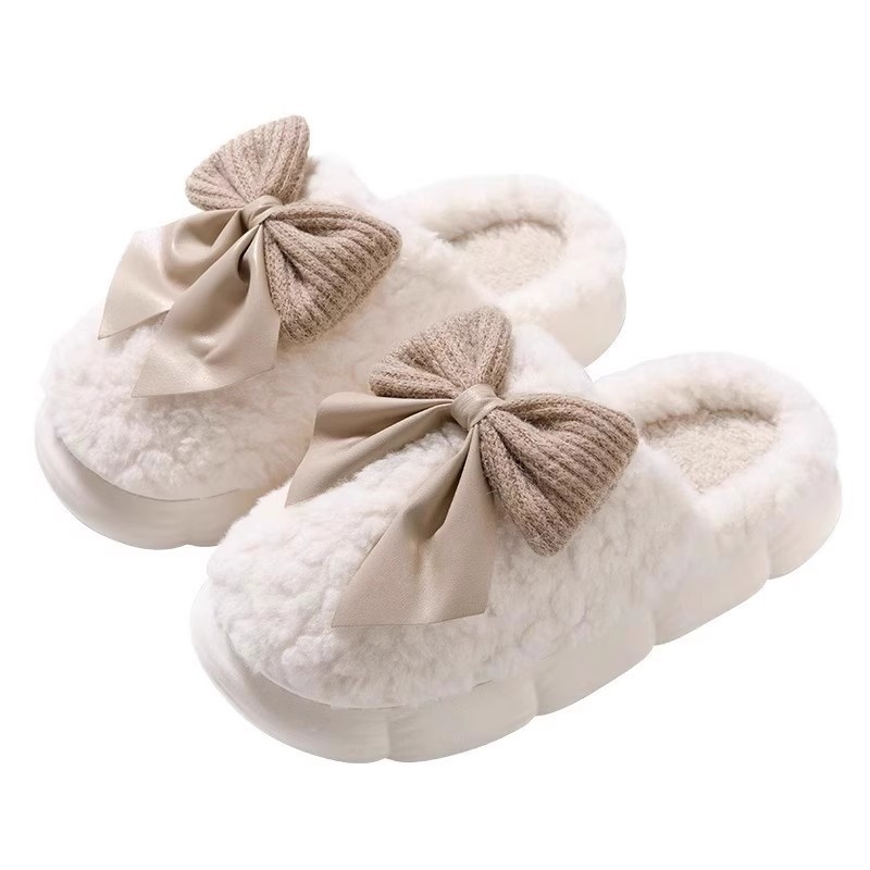 Zees Closed-Toe Cotton Autumn And Indoor Bowknot Warm Thick-Soled Home Furry Slippers For Women, Postpartum Winter_voghion.com