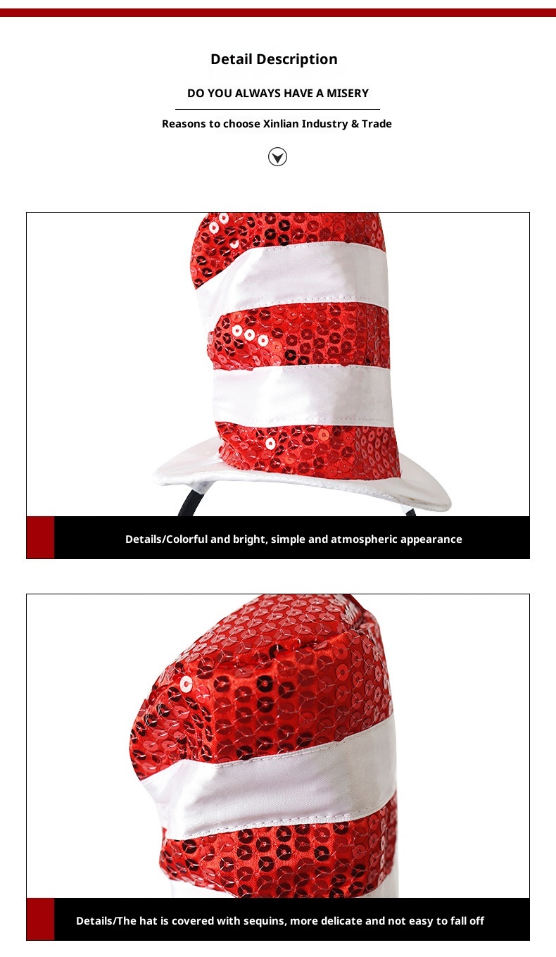 Lillian Role Play Prom Red White Sequin Striped Stage Performance Dr. Seuss European And American Style Hat_voghion.com