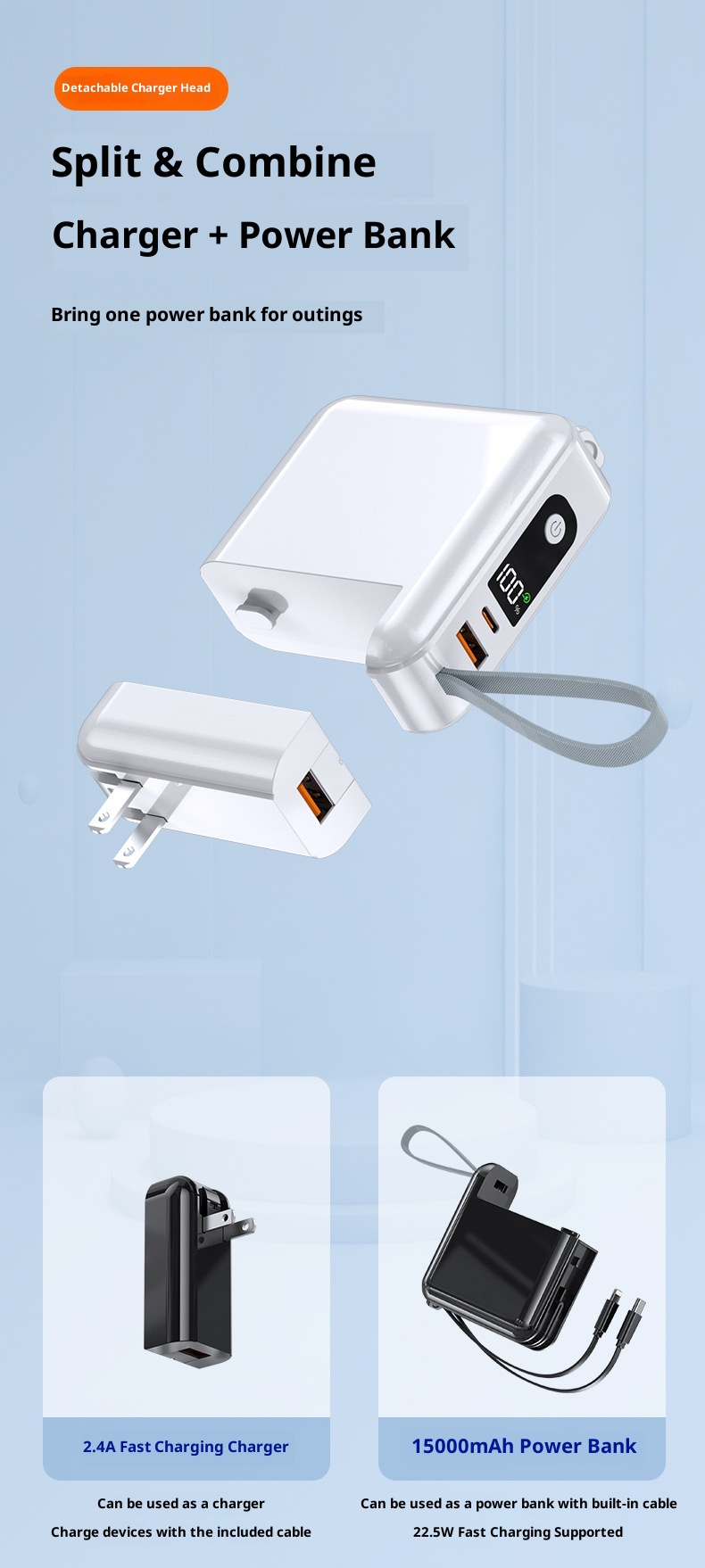 Batterie externe Techglobe 22,5 W à charge ultra-rapide avec prise secteur et câble intégré personnalisé, capacité de 20 000 mAh. Chargeur portable haute capacité._voghion.com