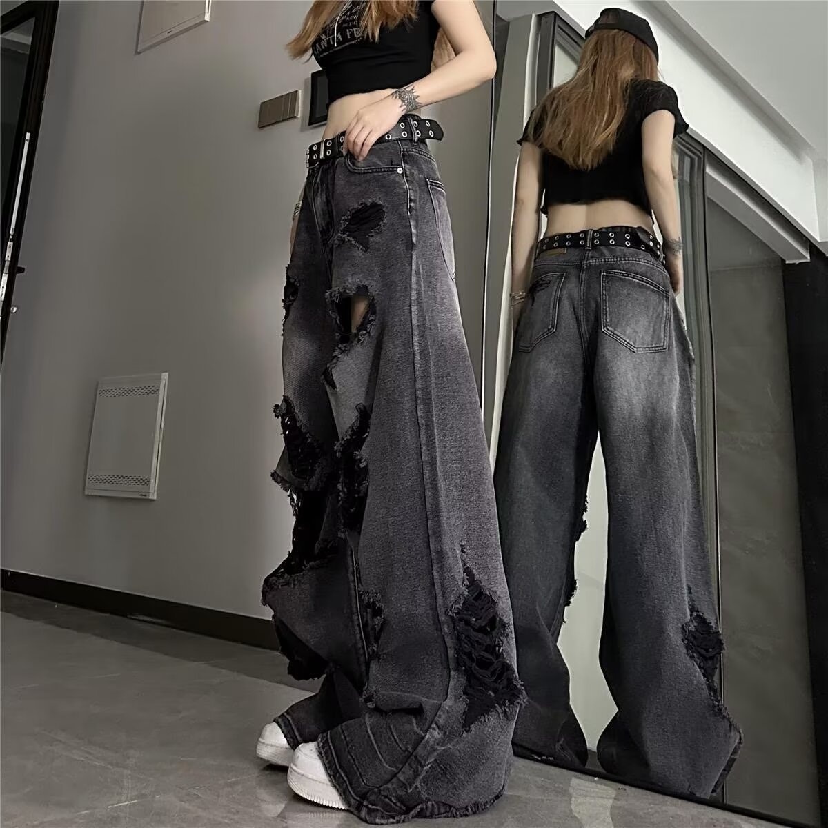 Boy Hong Kong Ripped Jeans Unisex High Street American Pear-Shaped Body European Style Beggar Wide-Leg Long Pants_voghion.com
